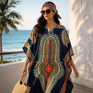 Ashro Women Navy Blue Dashiki Print Caftan Maxi Dress Vibrant Boho Headband NWT